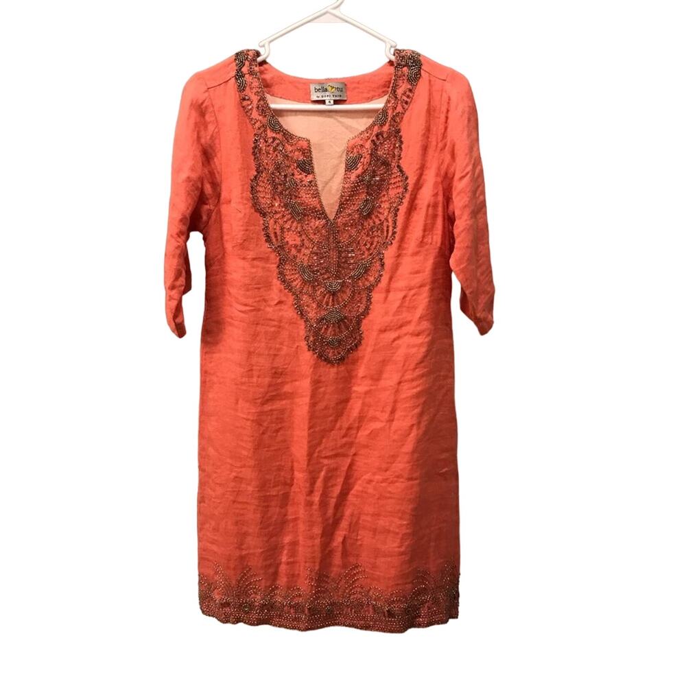 Bella Tu by Gopi Vaid salmon pink linen beaded tunic dress size 4